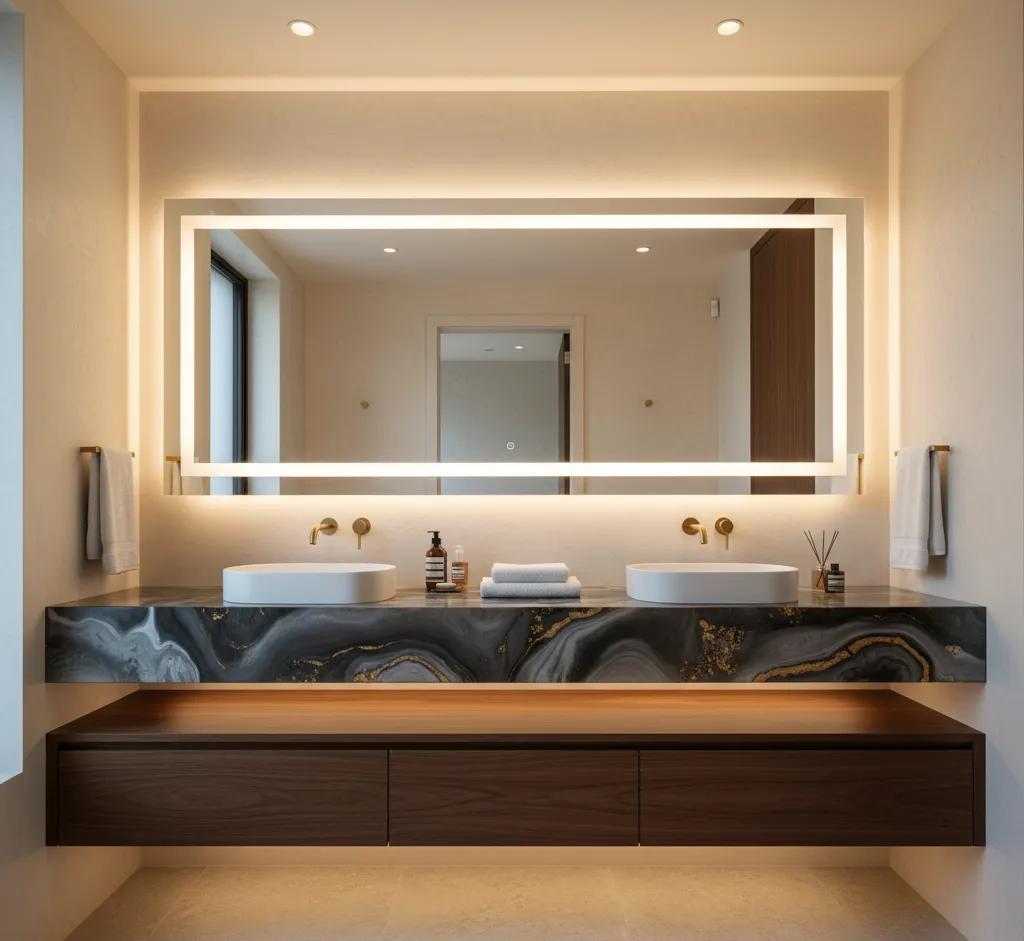 Floating bathroom vanity with warm lighting