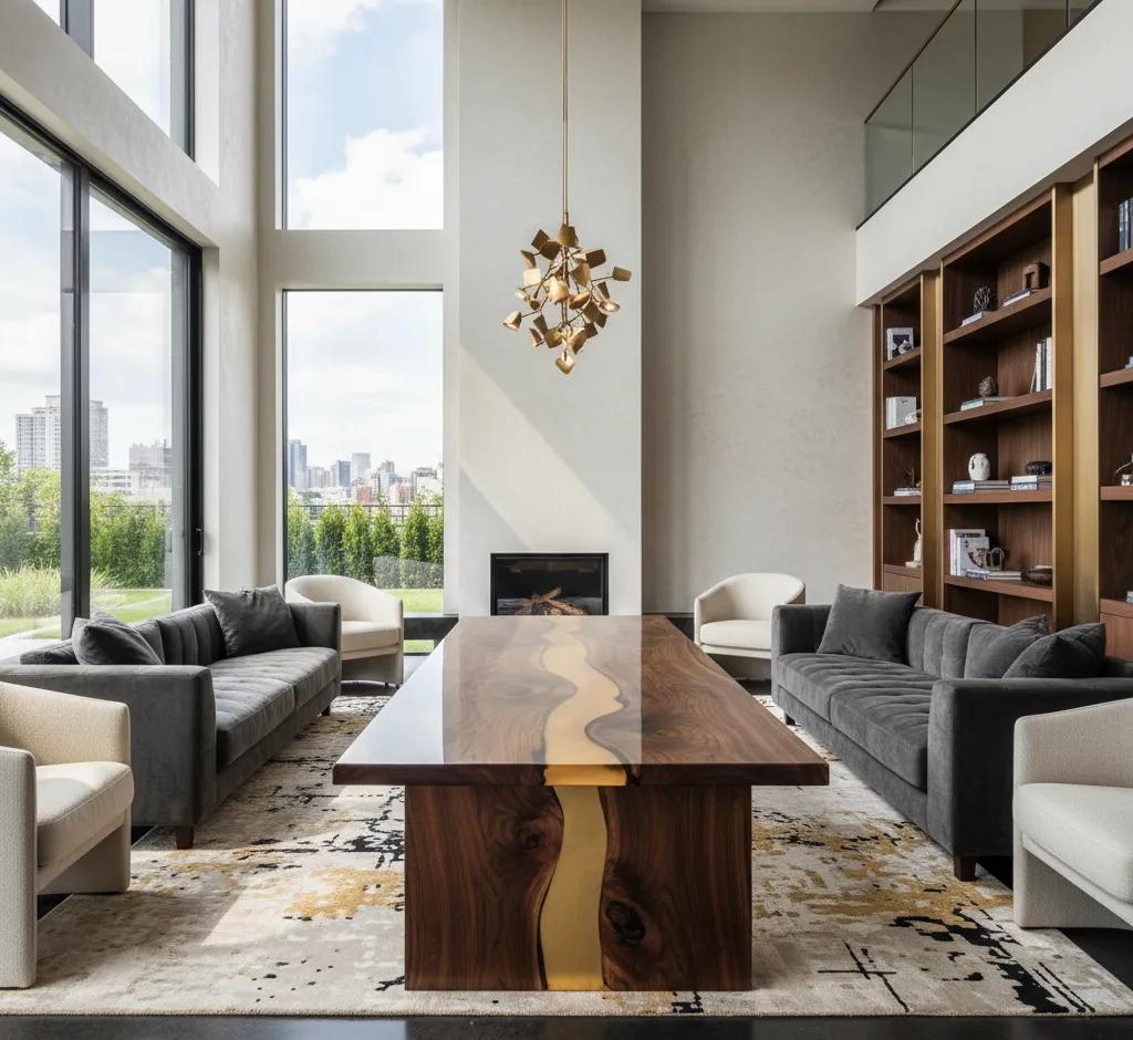 Close-up of burnished walnut and resin table