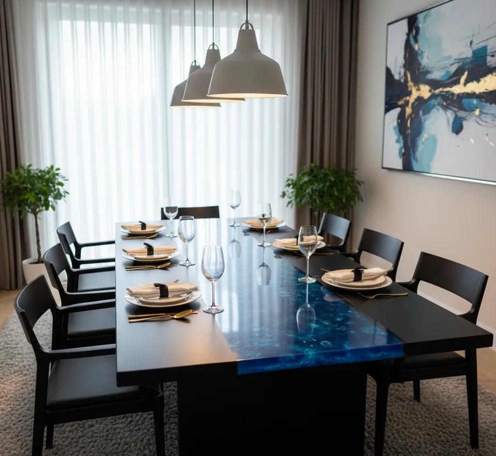 Epoxy river dining table with golden resin accents