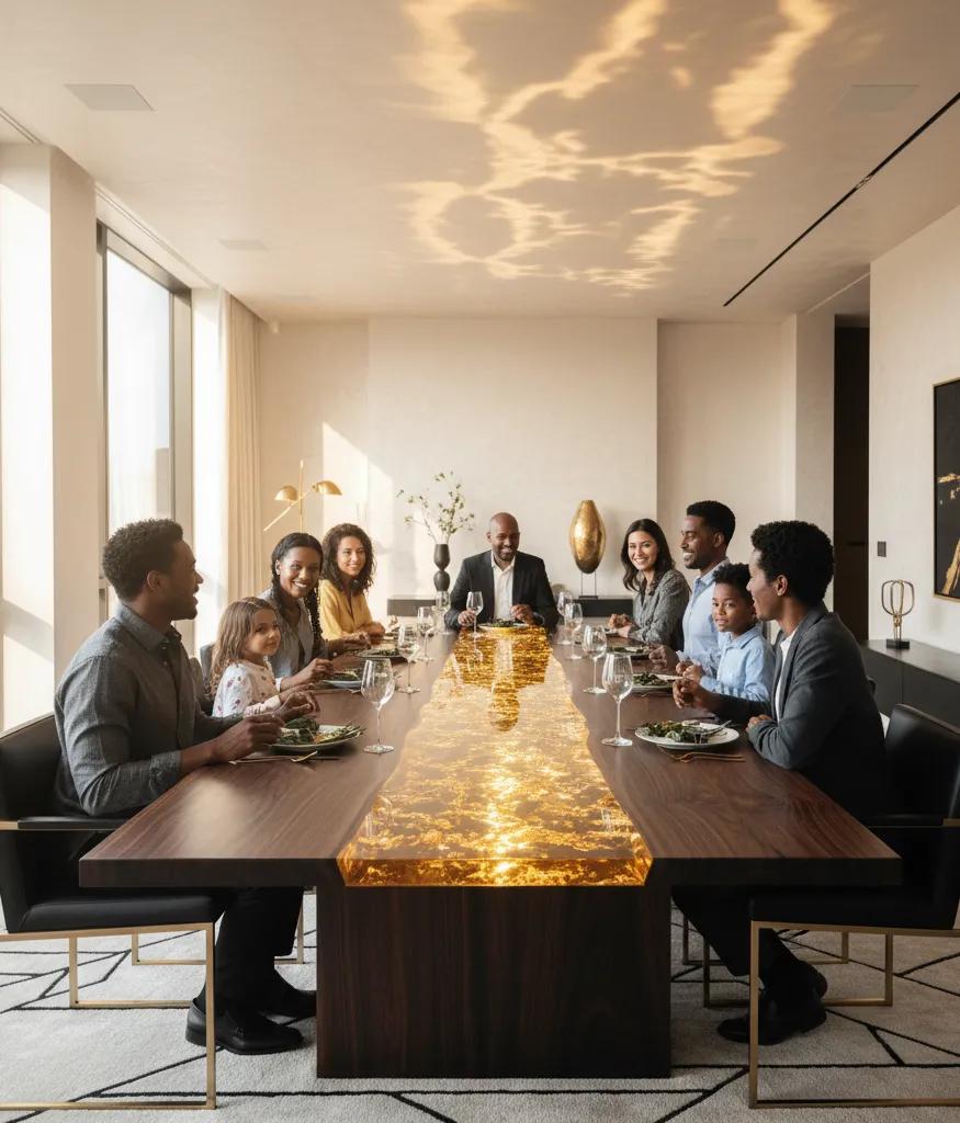 Family hosting dinner at custom live edge table