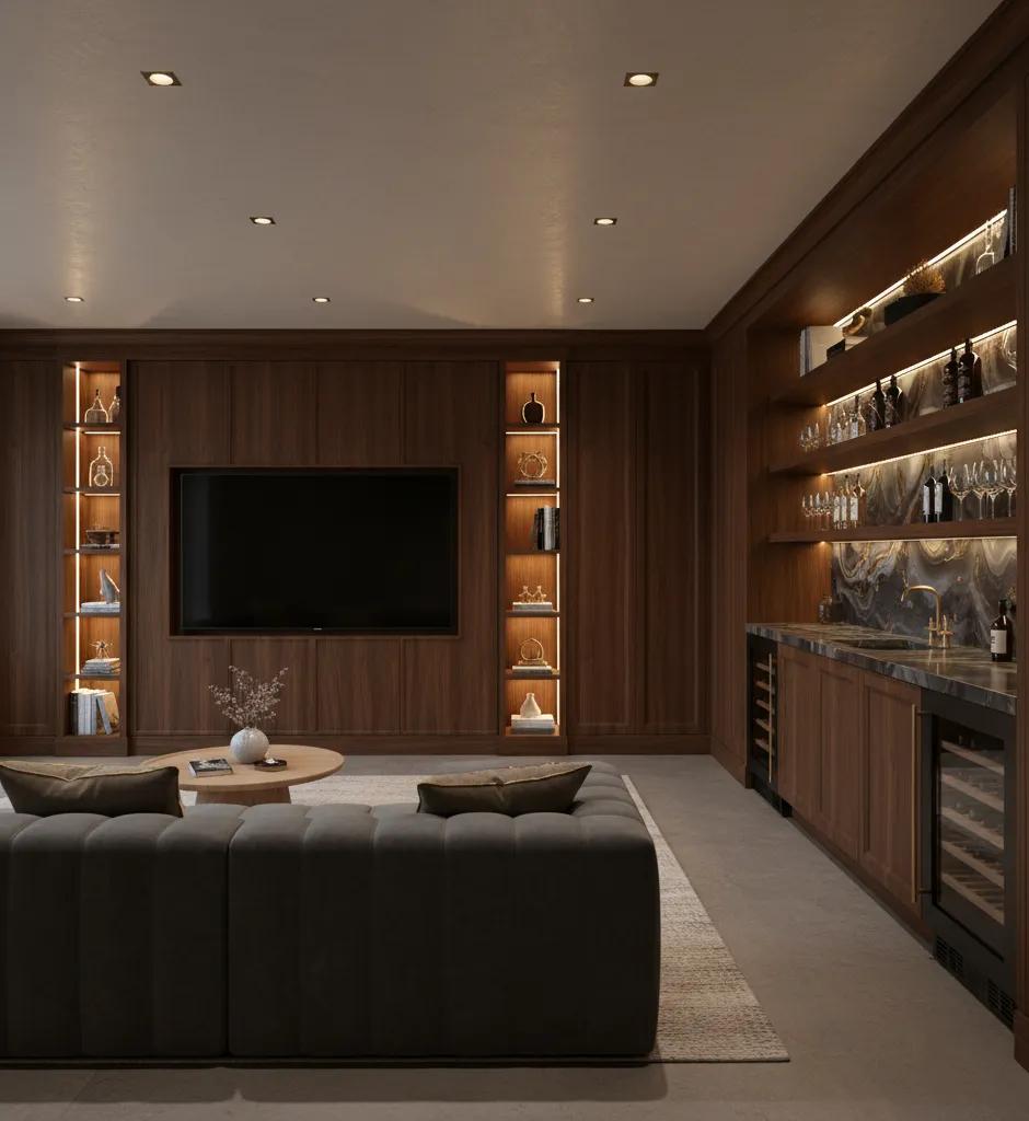 Custom basement lounge with crafted shelving