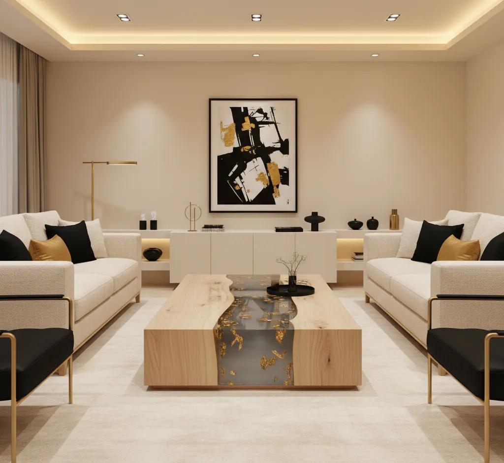 Modern entertainment basement with epoxy details