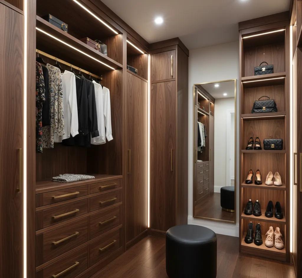 Luxury walk-in closet with glass doors