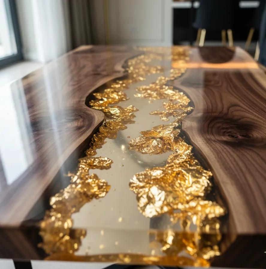 Golden epoxy river detail on walnut slab