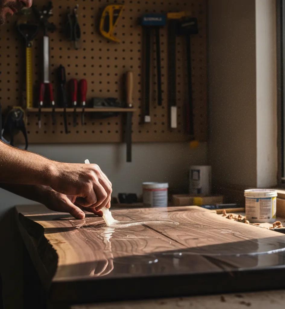Craftsman polishing a luxury epoxy river table